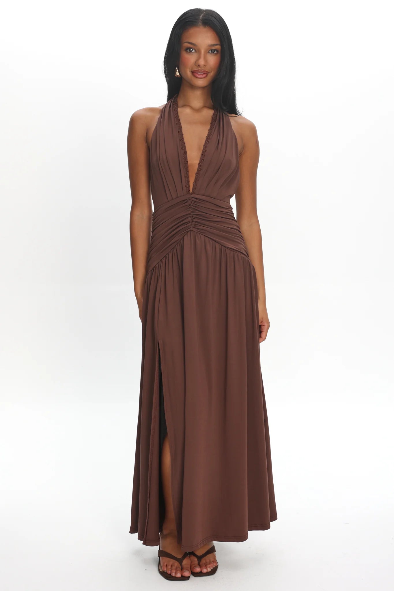 Tanya Halterneck Ruched Maxi Dress Chocolate
